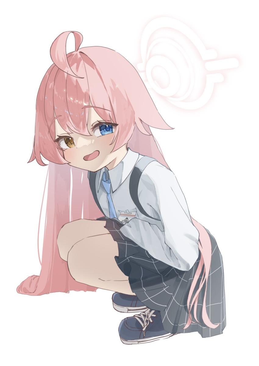 1girl, :d, absurdres, abydos_high_school_logo, ahoge, backlighting, black_shoes, black_skirt