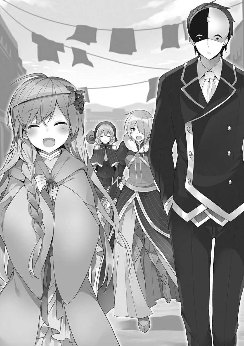 1boy, 3girls, :d, ^_^, ahoge, blush, braid, breasts