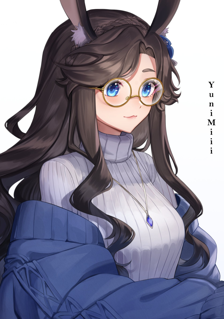 1girl, animal_ear_fluff, animal_ears, artist_name, blue_cardigan, blue_eyes, braid, brown_hair