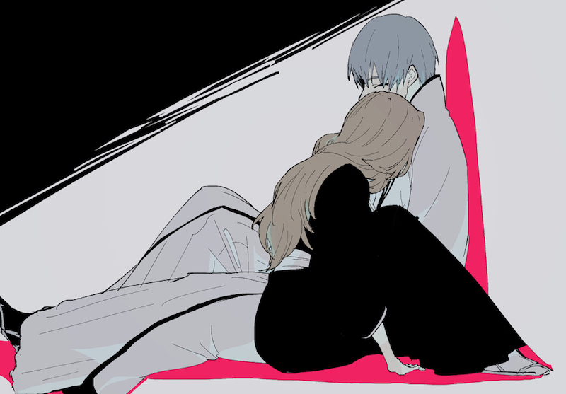 1boy, 1girl, against_wall, bleach, closed_eyes, coat, commentary_request, face_on_another's_chest, grey_hair, ichimaru_gin, matsumoto_rangiku, nigatsumikka, orange_hair, sandals, shihakusho, sitting, white_coat