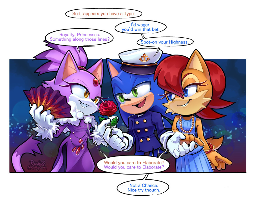 1boy, 2girls, animal_ears, artist_name, blaze_the_cat, blue_dress, blue_eyes, blue_fur, blue_jacket, brown_fur, cat_ears, cat_girl, cat_tail, dress, flower, forehead_jewel, fur-trimmed_gloves, fur_trim, gloves, green_eyes, hand_fan, hat, highres, jacket, jewelry, multiple_girls, necklace, open_mouth, parted_lips, purple_dress, purple_fur, red_hair, rose, rushklysolen, sailor_hat, sally_acorn, signature, smile, sonic_(series), sonic_the_hedgehog, sonic_the_hedgehog_(archie_comics), speech_bubble, tail, the_murder_of_sonic_the_hedgehog, white_gloves, yellow_eyes