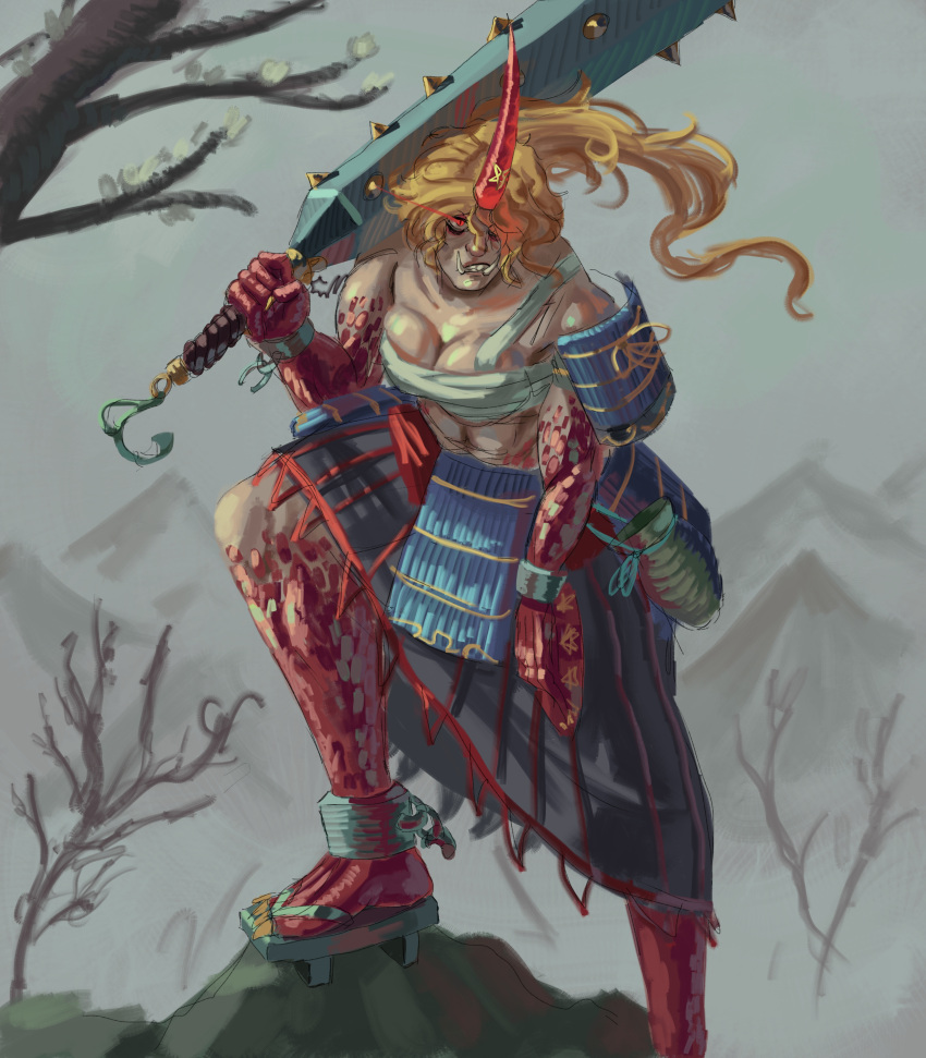 absurdres, cianetoneon, highres, hoshiguma_yuugi, muscular, muscular_female, oni, painterly, red_eyes, sharp_teeth, skirt, strong_woman, teeth, tetsubo, touhou