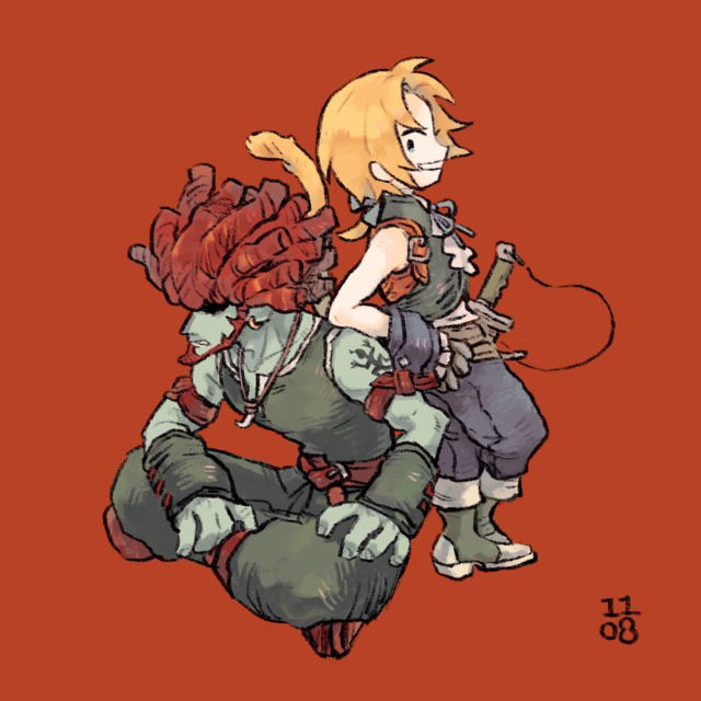 2boys, amarant_coral, aqua_vest, arm_ribbon, back-to-back, beard, blonde_hair, blue_pants