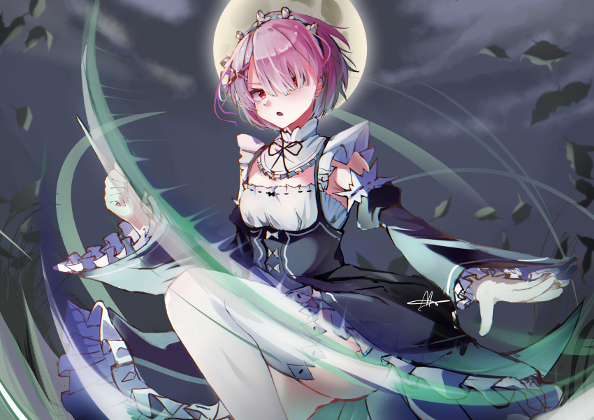 1girl, absurdres, blush, clenched_hand, cropped_legs, dress, flat_chest, frilled_dress, frills, full_moon, gloves, hair_between_eyes, hair_ornament, highres, leaf, lichael, looking_at_viewer, maid, moon, night, night_sky, one_eye_covered, open_mouth, outdoors, pink_hair, ram_(re:zero), re:zero_kara_hajimeru_isekai_seikatsu, re:zero_kara_hajimeru_isekai_seikatsu:_lost_in_memories, red_eyes, short_hair, skirt, sky, solo, standing, standing_on_one_leg, thigh-highs, wind