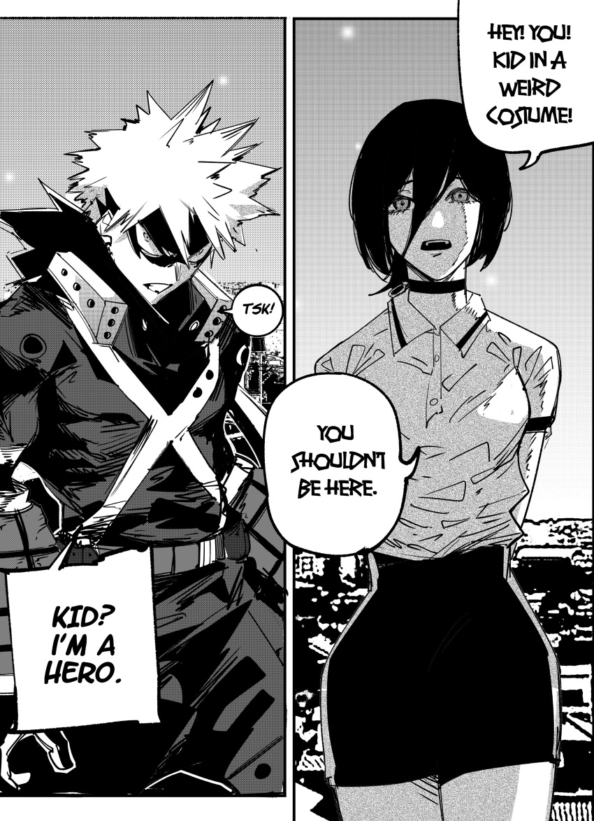 1boy, 1girl, absurdres, bakugou_katsuki, chainsaw_man, choker, crossover, english_commentary, english_text, eye_mask, grenade_pin, greyscale, hair_between_eyes, high-waist_shorts, highres, jumpsuit, mask, monochrome, neitheyagi, open_mouth, polo_shirt, reze_(chainsaw_man), shirt_tucked_in, shorts, speech_bubble, spiky_hair, superhero_costume