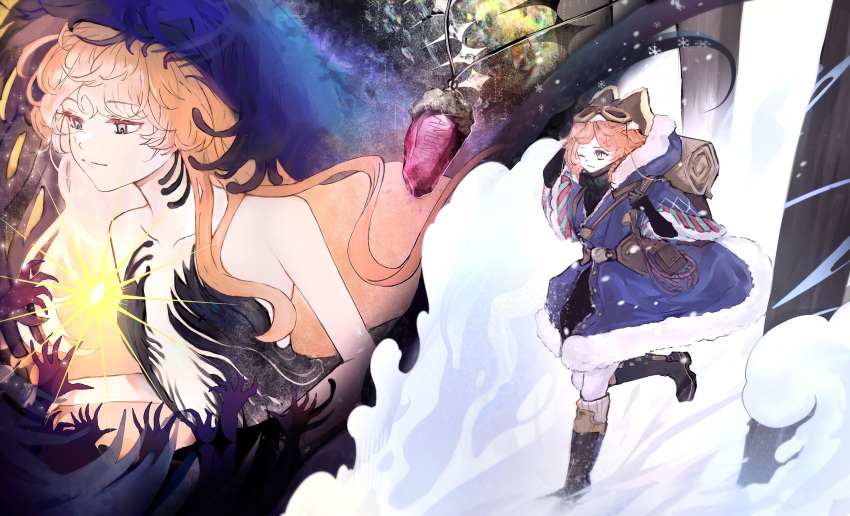 1girl, absurdres, backpack, bag, bare_shoulders, black_boots, black_dress, black_sweater, black_veil, blue_eyes, blue_veil, boots, breasts, brown_hat, coat, dress, full_body, gem, glowing, goggles, goggles_on_headwear, hat, highres, himashu_illust, long_hair, multiple_views, nautika_(reverse:1999), pants, pink_gemstone, pink_hair, plunging_neckline, purple_coat, reverse:1999, running, sleeveless, sleeveless_dress, small_breasts, snowflakes, sweater, trapper_hat, two-tone_veil, upper_body, veil, white_pants