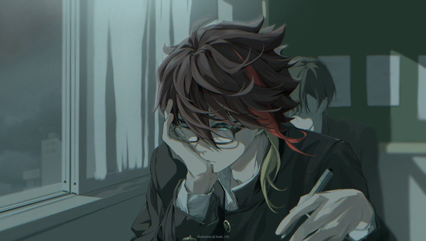 1boy, aqua_eyes, black_hair, black_jacket, closed_mouth, curtains, faceless, gakuran