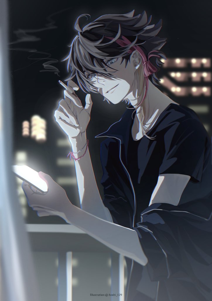 1boy, ahoge, black_hair, black_jacket, black_shirt, blue_eyes, bracelet, cigarette