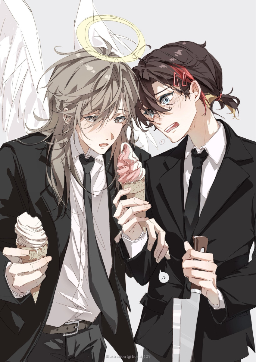 2boys, alternate_costume, angel_wings, black_jacket, black_necktie, black_pants, brown_hair, food