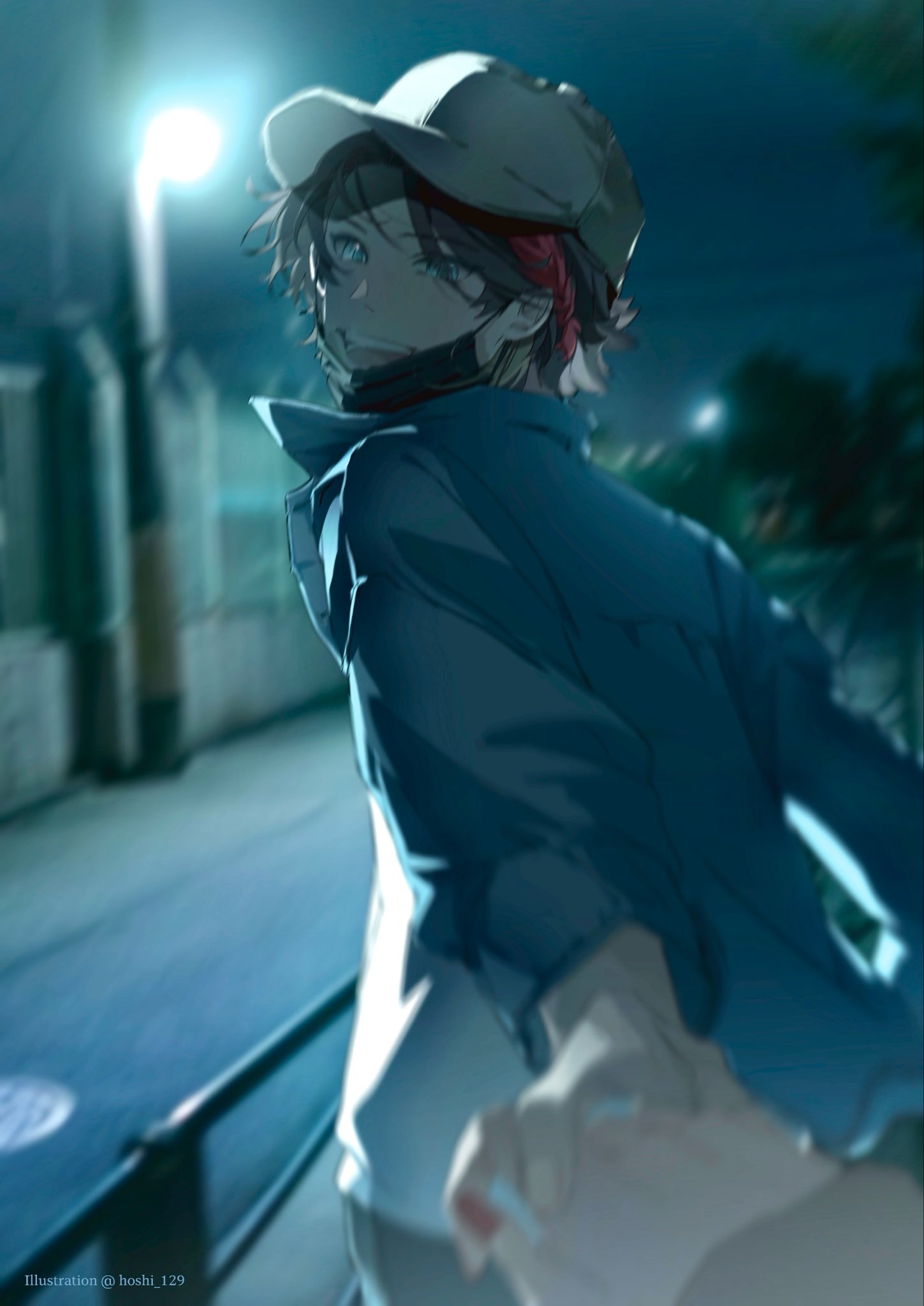 1boy, baseball_cap, black_hair, blue_eyes, blue_jacket, hand_grab, hashtag-only_commentary, hat