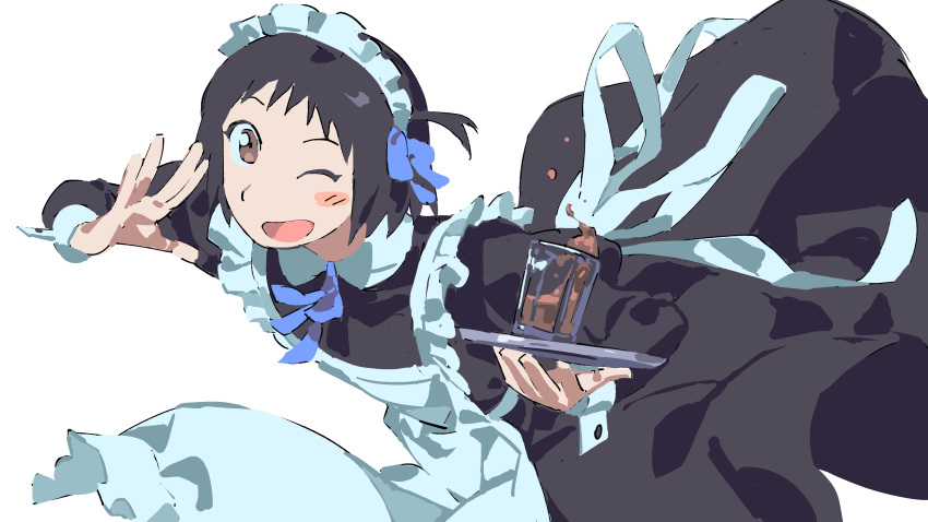 1girl, absurdres, apron, arashiyama_hotori, ash_(ash_proc), black_dress, black_hair, blue_ribbon