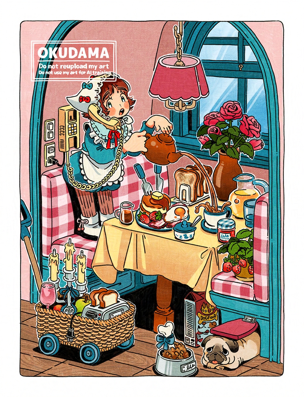 1girl, apron, artist_name, basket, blue_bow, blue_dress, blush_visible_through_clothes, booth_seating, border, bow, bowl, ceiling_light, commentary, corded_phone, cup, dog, dress, flower, fork, frilled_apron, frills, full_body, headscarf, highres, holding, holding_teapot, knife, o_ku_da_ma, open_mouth, original, pet_bowl, phone, red_bow, red_flower, red_hair, short_hair, solo, standing, tablecloth, teacup, teapot, vase, white_apron, white_border, white_headscarf, window
