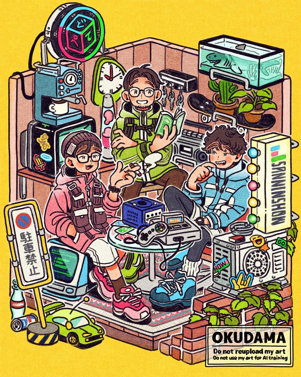 3boys, air_conditioner, blue_jacket, blush_stickers, book, brown_hair, cactus, clock