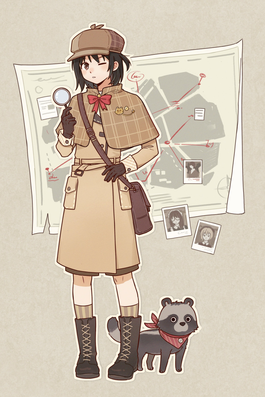 1girl, absurdres, arashiyama_hotori, bag, black_hair, boots, bow, bowtie