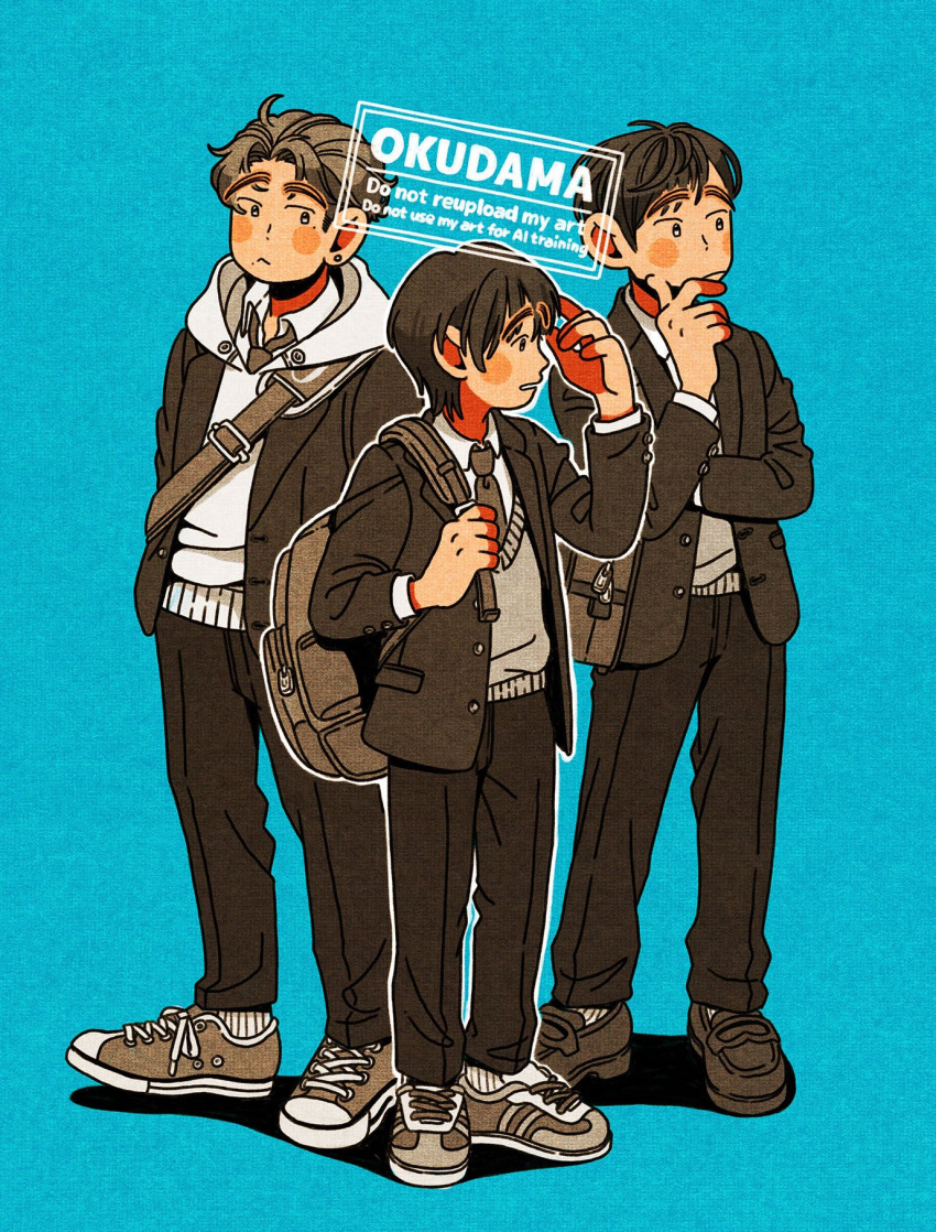 3boys, adjusting_eyewear, artist_name, backpack, bag, black_hair, black_jacket, black_pants