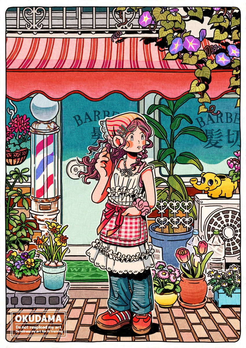 1girl, apron, blue_pants, blush, blush_stickers, border, full_body, hand_in_pocket