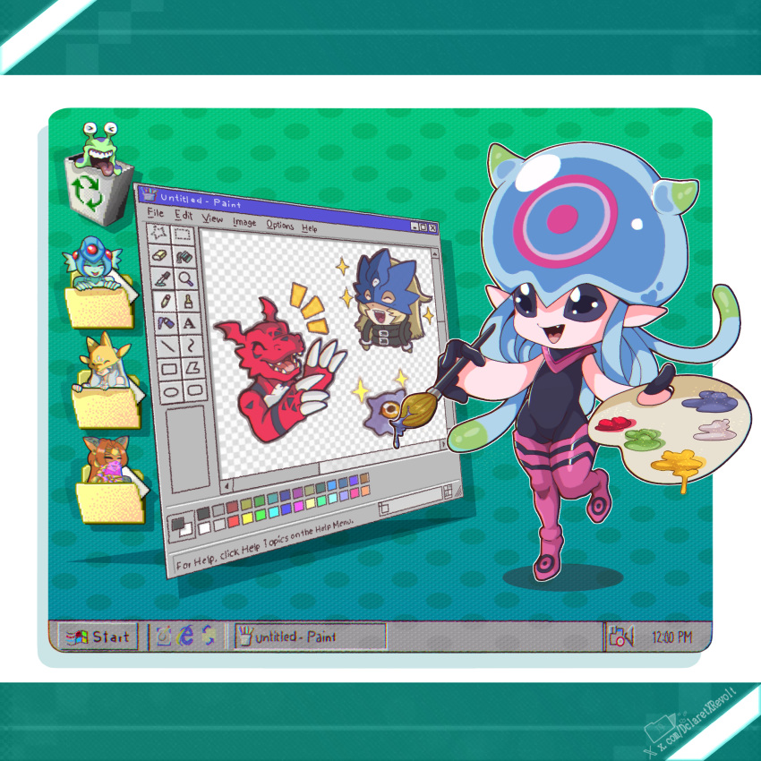 1girl, bastemon, beelstarmon, black_eyes, blue_hair, commentary, dclaret, digimon