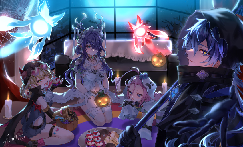 1boy, 3girls, absurdres, aino_(genshin_impact), almanju, antlers, braid, braided_hair_rings, deer_antlers, deer_girl, flins_(genshin_impact), genshin_impact, ghost_costume, hair_rings, halloween, highres, horns, jack-o'-lantern, jahoda_(genshin_impact), kuuhenki_(genshin_impact), lauma_(genshin_impact), long_hair, mechanical_arms, multiple_girls, mummy_costume, open_mouth, pink-tinted_eyewear, pink_hair, pointy_ears, single_mechanical_arm, star-shaped_pupils, star_(symbol), symbol-shaped_pupils, tinted_eyewear, two-sided_horns, vampire_costume