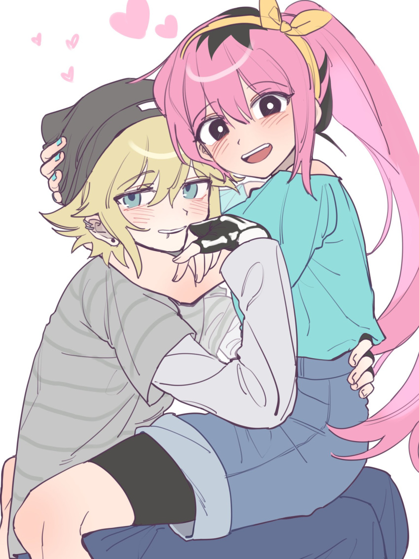 1boy, 1girl, alternate_costume, alternate_hair_color, alternate_hairstyle, alternate_universe, aubrey_(faraway)_(omori), aubrey_(omori)
