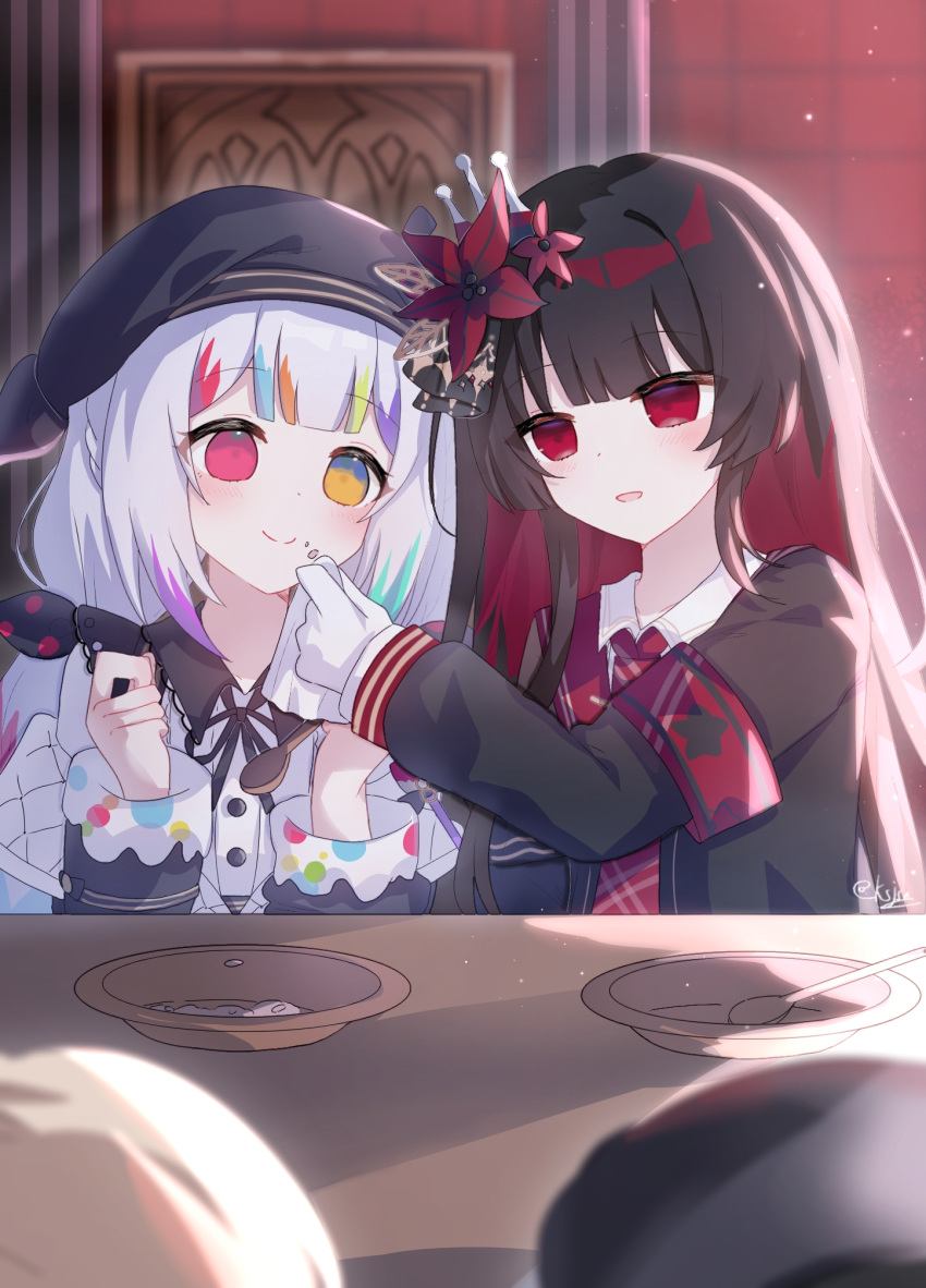 4girls, beret, black_hair, blunt_bangs, bow, closed_mouth, collared_shirt, flower