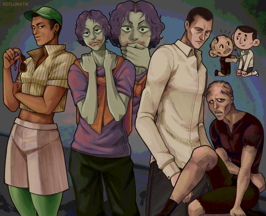 4boys, bags_under_eyes, balding, bar_guy_(no_i'm_not_a_human), black_eyes, black_hair, blood, blush, cheekbones, cheerful_man_(no_i'm_not_a_human), closed_mouth, crop_top, earrings, firefighter_(no_i'm_not_a_human), frown_lines, hat, highres, jewelry, looking_at_viewer, male_focus, midriff, multiple_boys, no_i'm_not_a_human, pants, rotlunatik, sanpaku, scar, scar_on_arm, scar_on_face, scar_on_leg, shirt, short_hair, shorts, sitting, smile, smile_lines, sunglasses, teeth, very_short_hair, wide-eyed, wireface_(no_i'm_not_a_human)