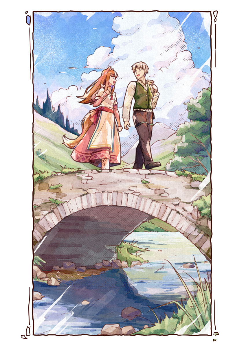 1boy, 1girl, absurdres, apron, blue_sky, border, brown_hair, brown_pants