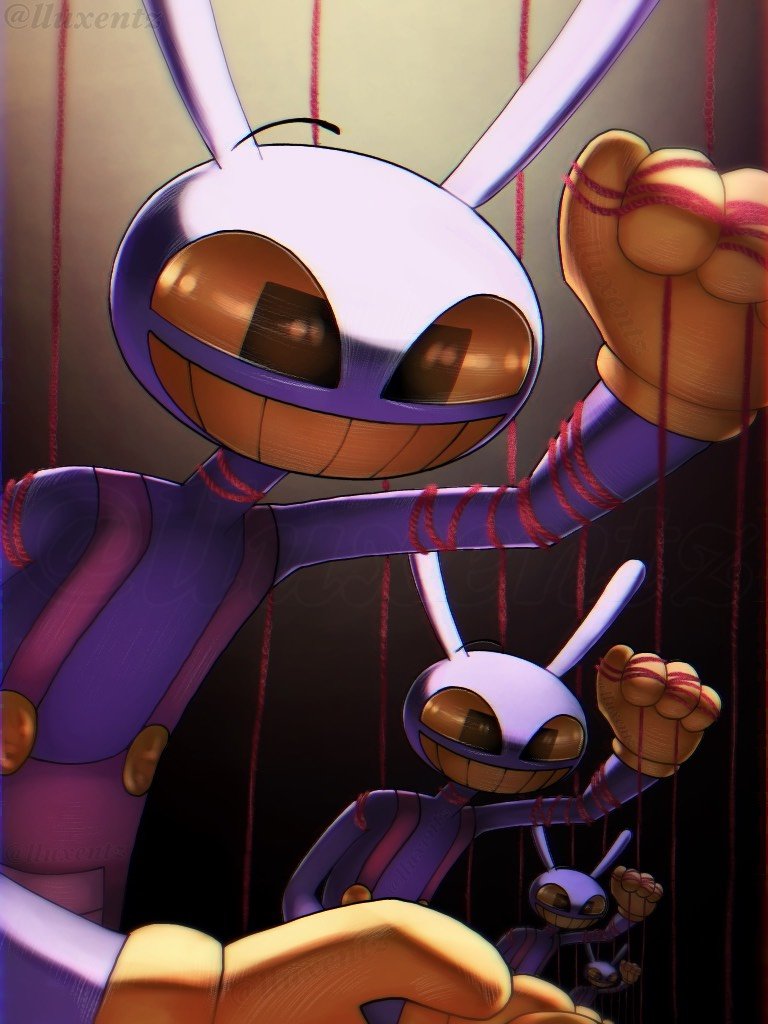 1boy, animal_ears, black_eyes, colored_sclera, colored_teeth, dentures, furry, gloves, grid_teeth, jax_(the_amazing_digital_circus), llux_entz, overalls, pink_overalls, puppet_strings, rabbit_boy, rabbit_ears, red_overalls, smile, teeth, the_amazing_digital_circus, yellow_gloves, yellow_sclera, yellow_teeth