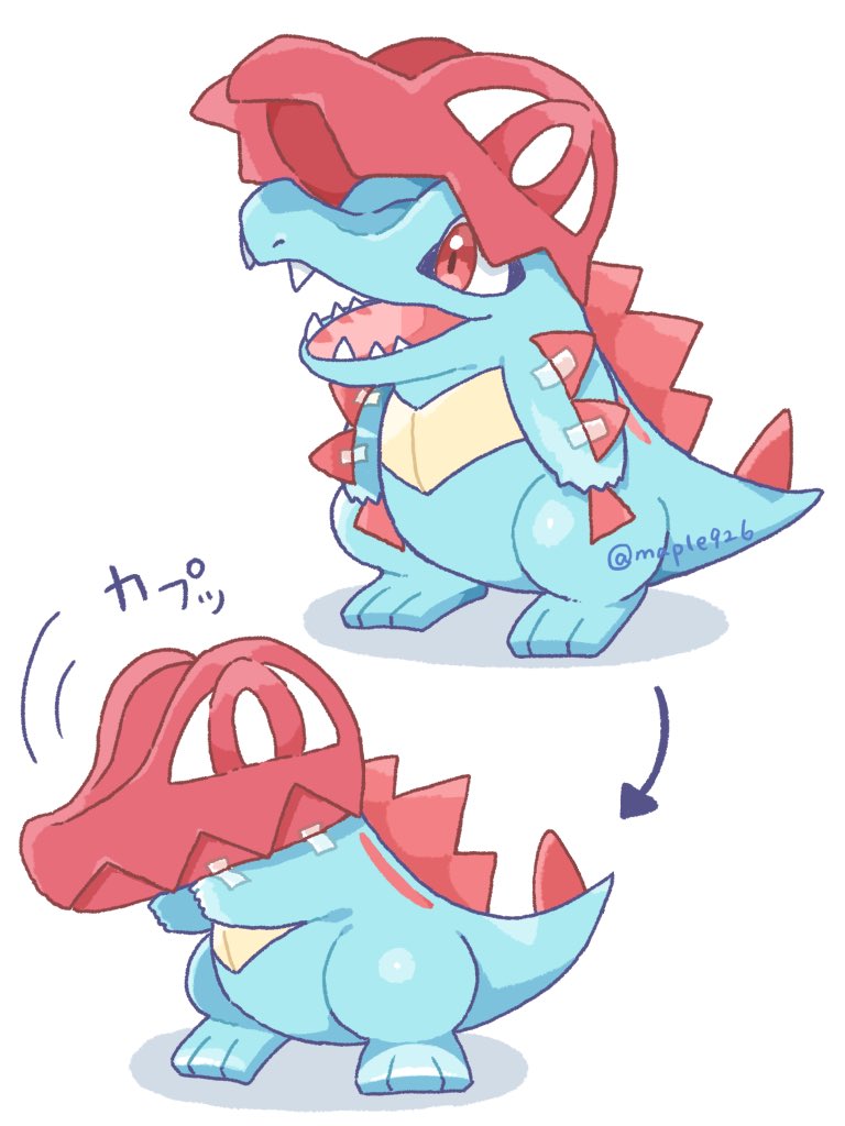 blue_claws, blue_skin, colored_skin, commentary, cosplay, fangs, feraligatr, hood