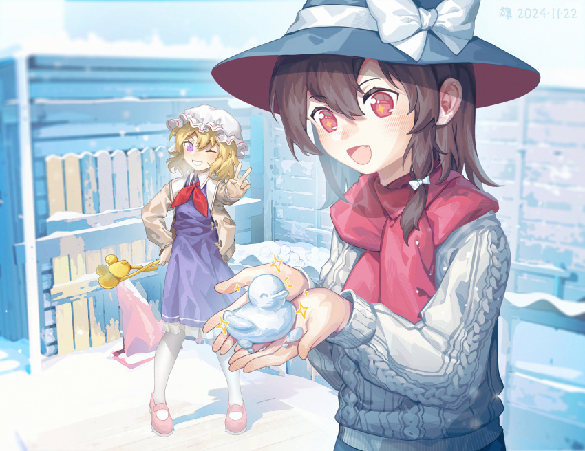 2girls, :d, ascot, black_hat, blonde_hair, blush, bow, bowtie