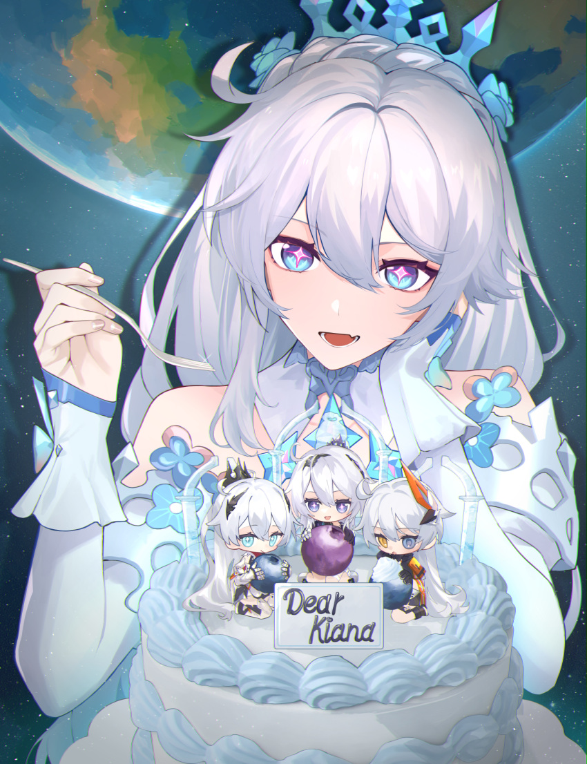 1girl, bare_shoulders, blue_eyes, cake, cake_decoration, commentary, detached_sleeves, dress