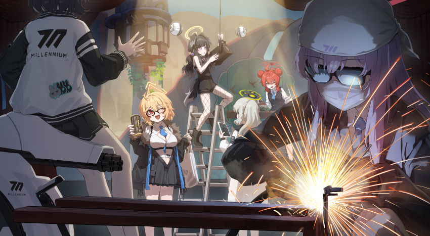 6+girls, absurdres, ahoge, animal_ears, black_boots, black_hair, black_jacket, black_shorts