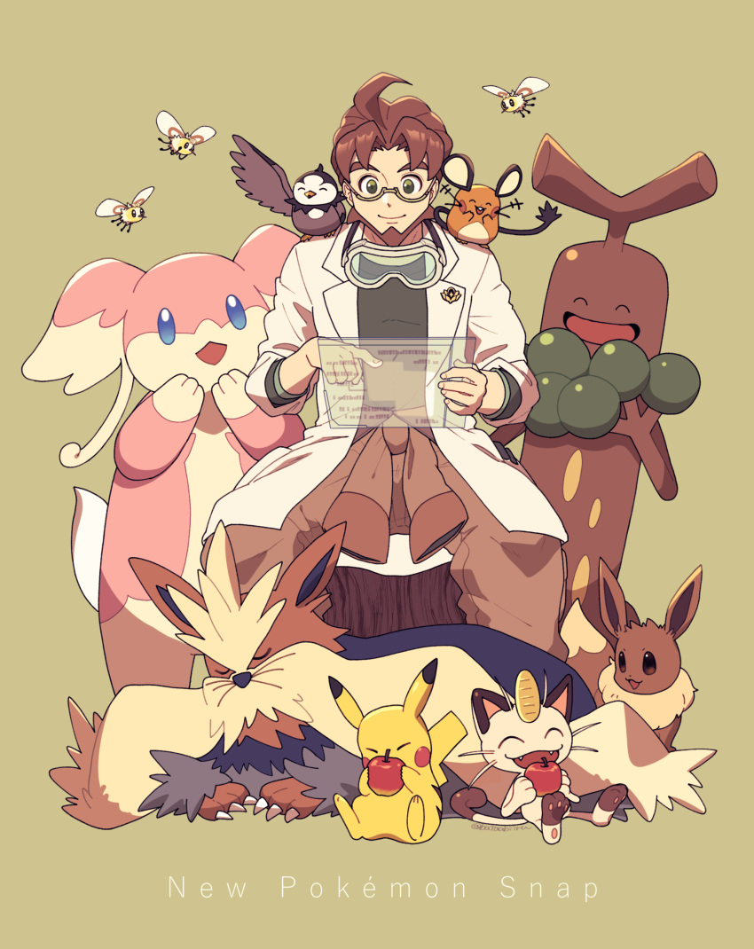 1boy, apple, audino, batabiru, beard, brown_hair, brown_pants, closed_mouth