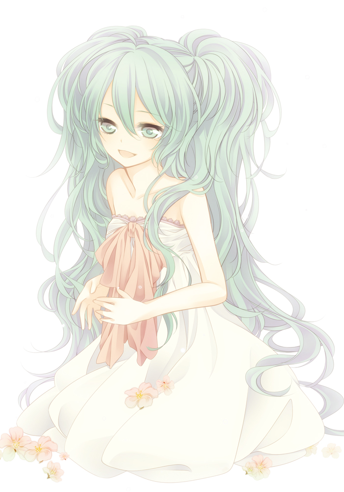 bare_shoulders, dress, flower, green_eyes, green_hair, hatsune_miku, long_hair, open_mouth