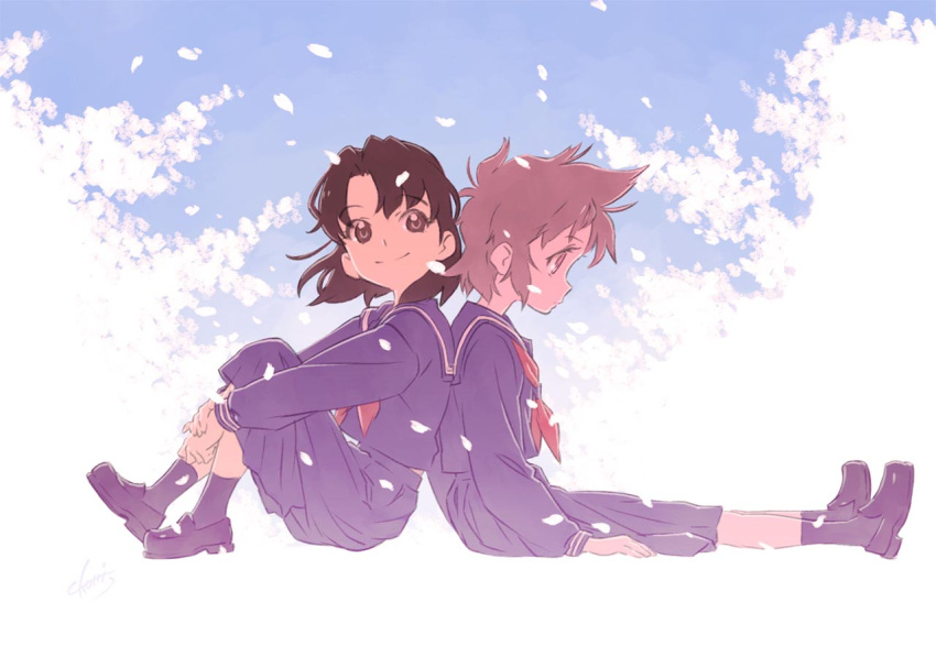 2girls, blue_sailor_collar, blue_skirt, closed_mouth, expressionless, full_body, key_the_metal_idol, kuriyagawa_sakura