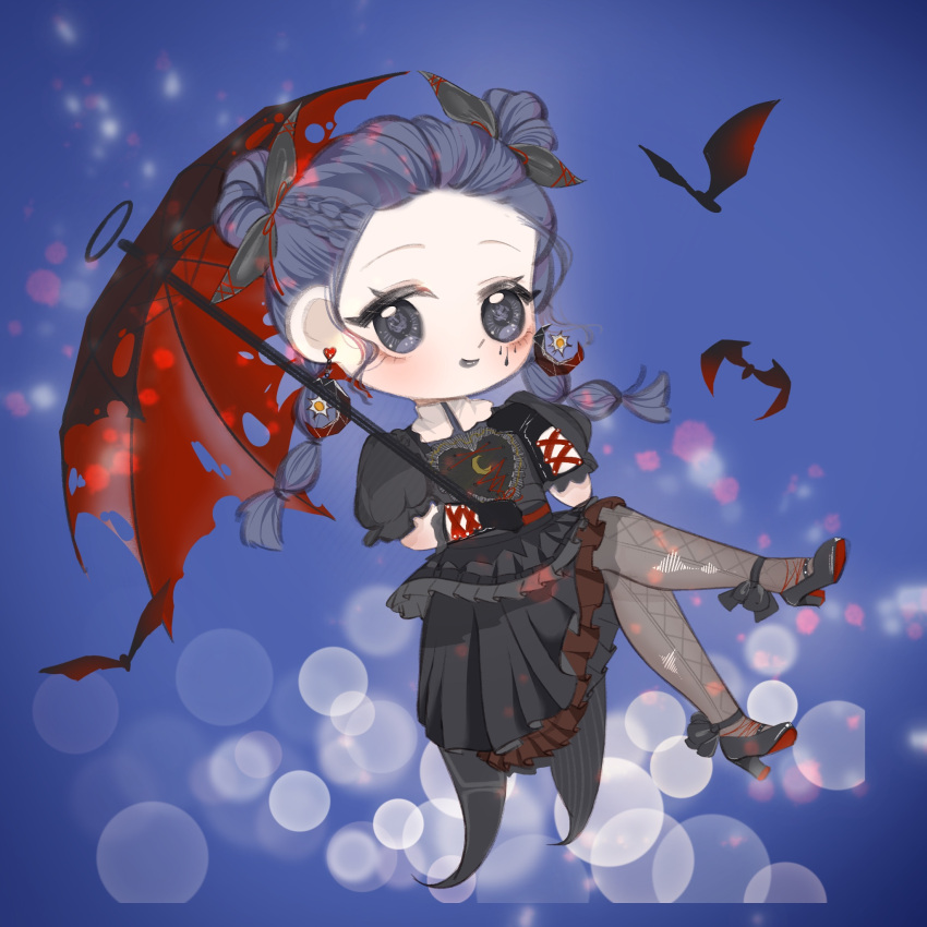 1girl, ankle_bow, bat_(animal), black_bow, black_shirt, black_shoes, black_skirt, black_umbrella, blue_background, blue_eyes, blue_hair, blue_tongue, blunt_ends, bow, braid, chibi, chinese_commentary, coattails, collar, colored_tongue, commentary_request, crescent_print, cross-laced_clothes, cross-laced_pantyhose, cross-laced_top, crossed_legs, detached_collar, double_bun, dream-like_night_(infinity_nikki), earrings, eyelashes, facial_tattoo, floating, forehead, frilled_shirt, frilled_skirt, frilled_sleeves, frills, grey_pantyhose, hair_bow, hair_bun, halloween, hand_on_own_chest, happy, heart, heart_earrings, heart_print, high_heels, highres, holding, holding_umbrella, hoop_earrings, infinity_nikki, jewelry, light_blush, light_particles, long_hair, medium_skirt, nikki_(series), open_mouth, pantyhose, pleated_skirt, print_shirt, procreate_(medium), puffy_short_sleeves, puffy_sleeves, pumps, qingmuxianye, red_umbrella, shirt, shoes, short_sleeves, skirt, smile, solo, tattoo, teardrop_tattoo, torn_umbrella, twin_braids, two-tone_umbrella, umbrella, umbrella_over_shoulder, white_collar