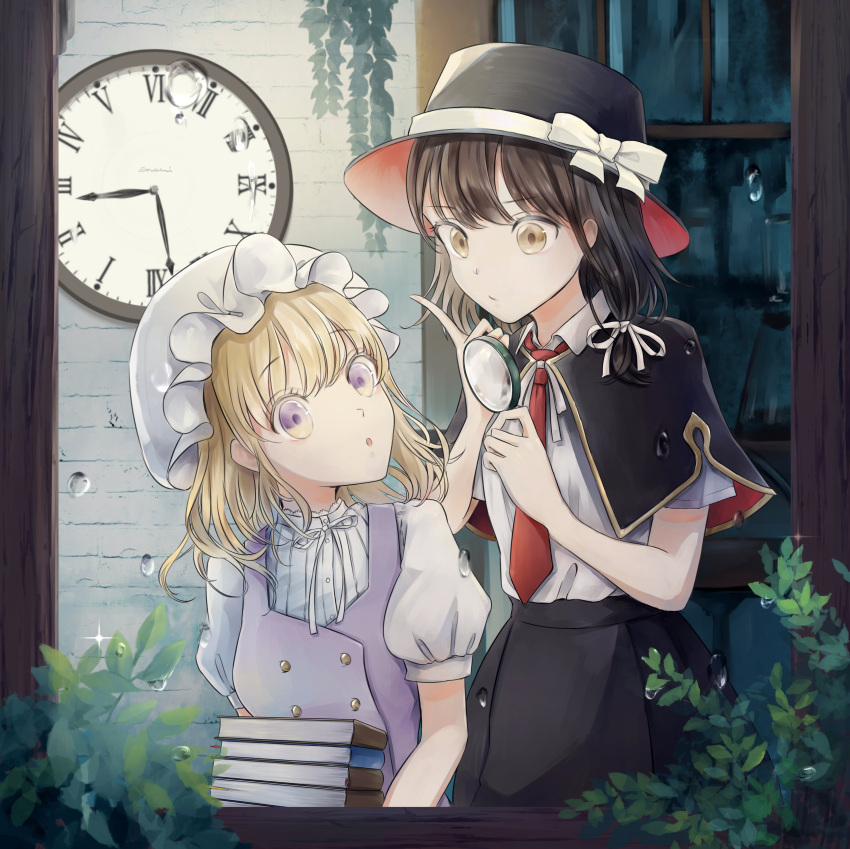 2girls, :o, absurdres, black_capelet, black_hat, black_skirt, blonde_hair, book