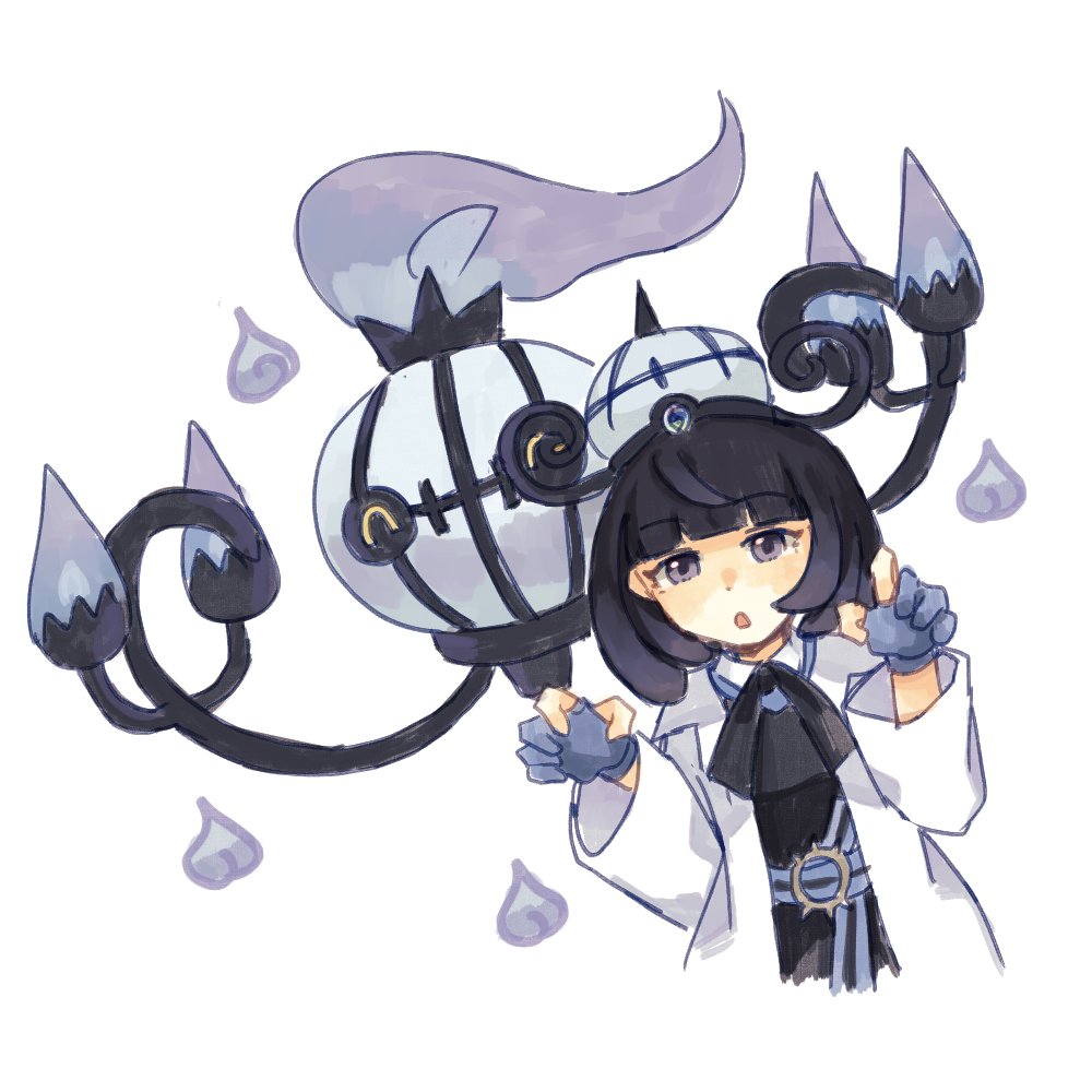 1girl, :o, belt, belt_buckle, black_hair, blunt_bangs, bob_cut, buckle