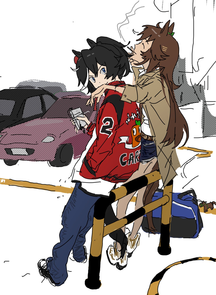 2girls, ^_^, aeo444, animal_ears, arm_around_back, bag, bare_legs, belt, black_hair, black_shoes, blue_bag, blue_eyes, blue_pants, blue_skirt, boots, bow, brown_belt, brown_jacket, car, caution_tape, cigarette, cigarette_pack, closed_eyes, closed_mouth, collared_jacket, denim, denim_skirt, duffel_bag, ear_bow, flat_color, fringe_trim, from_behind, full_body, green_bow, hair_between_eyes, hair_ornament, hairclip, highres, holding, holding_cigarette, holding_cigarette_pack, horse_ears, horse_girl, horse_tail, jacket, jeans, jersey, katsuragi_ace_(casual)_(umamusume), katsuragi_ace_(umamusume), lapels, leaning, long_sleeves, miniskirt, motor_vehicle, mr._c.b._(casual)_(umamusume), mr._c.b._(umamusume), multicolored_hair, multiple_girls, open_clothes, open_jacket, outdoors, pants, parallel_hairclips, pointy_nose, ponytail, red_jacket, shirt, shoes, short_hair, short_ponytail, skirt, smile, smoke, smoking, sneakers, standing, streaked_hair, striped_bow, tail, umamusume, v-shaped_eyebrows, white_background, white_boots, white_shirt