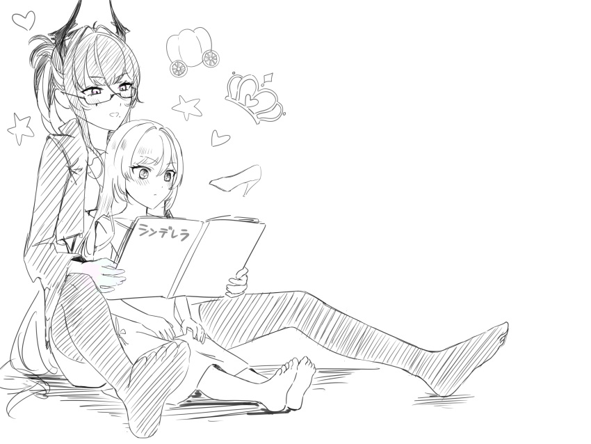 2girls, absurdres, bahamut_(nikke), barefoot, breasts, carriage, commentary_request, crown