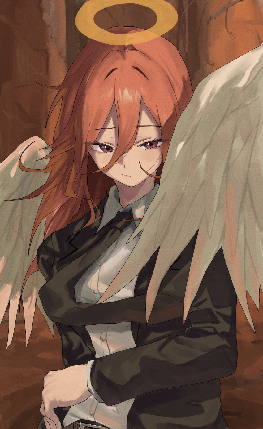 1boy, :/, absurdres, androgynous, angel_devil_(chainsaw_man), angel_wings, belt, black_necktie, black_suit, brown_eyes, brown_hair, chainsaw_man, hair_between_eyes, halo, highres, long_hair, looking_at_viewer, necktie, nekoshima_kaede, shirt, solo, standing, suit, trap, white_shirt, wings