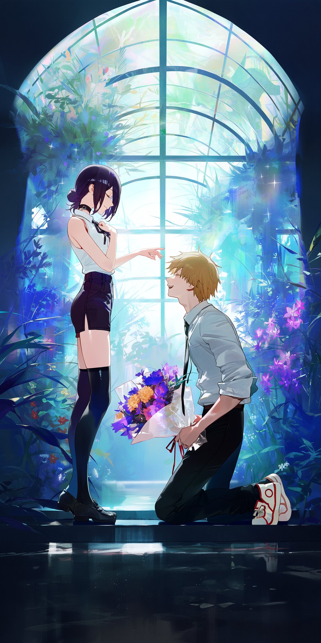 1boy, 1girl, blonde_hair, bouquet, chainsaw_man, choker, closed_eyes, couple