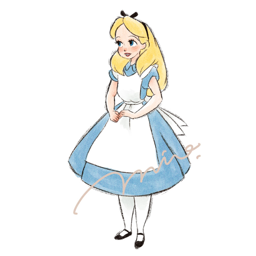1girl, alice_(disney), alice_in_wonderland_(disney), apron, black_shoes, blonde_hair, blue_dress, blue_eyes