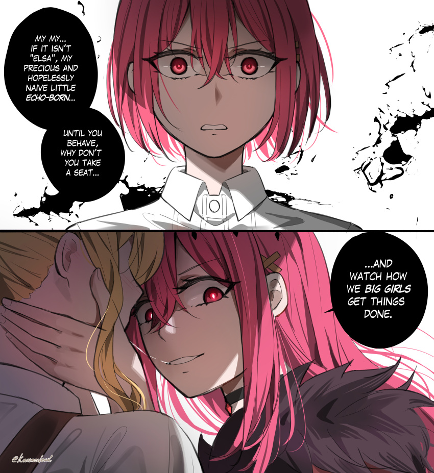 3girls, absurdres, after_kiss, aged_up, angry, black_gloves, brown_cloak, clenched_teeth, cloak, dual_persona, elsa_dorothy, empty_eyes, english_text, fingerless_gloves, gloves, hand_on_another's_face, highres, kaosmccloud, kiss, long_hair, multiple_girls, netorare, please_bully_me_miss_villainess!, ponytail, red_skirt, saliva, saliva_trail, shirt, short_hair, skirt, surprised, teeth, white_shirt, yuri, yvonne_smollett