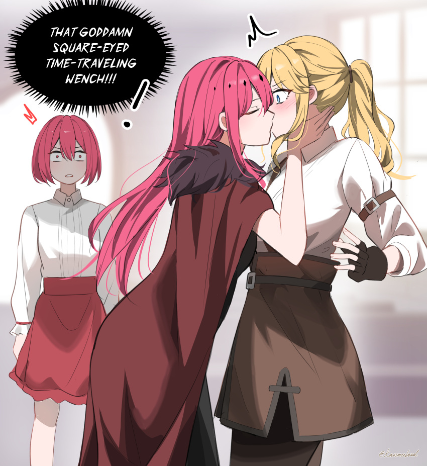 3girls, absurdres, aged_up, black_gloves, brown_cloak, cloak, closed_eyes, dual_persona, elsa_dorothy, english_text, fingerless_gloves, gloves, hand_on_another's_face, highres, kaosmccloud, kiss, long_hair, multiple_girls, netorare, please_bully_me_miss_villainess!, ponytail, red_skirt, shirt, short_hair, skirt, surprise_kiss, surprised, white_shirt, yuri, yvonne_smollett