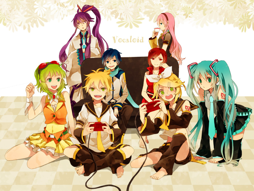 aqua_hair, barefoot, blonde_hair, blue_eyes, blue_hair, brown_hair, detached_sleeves, green_eyes