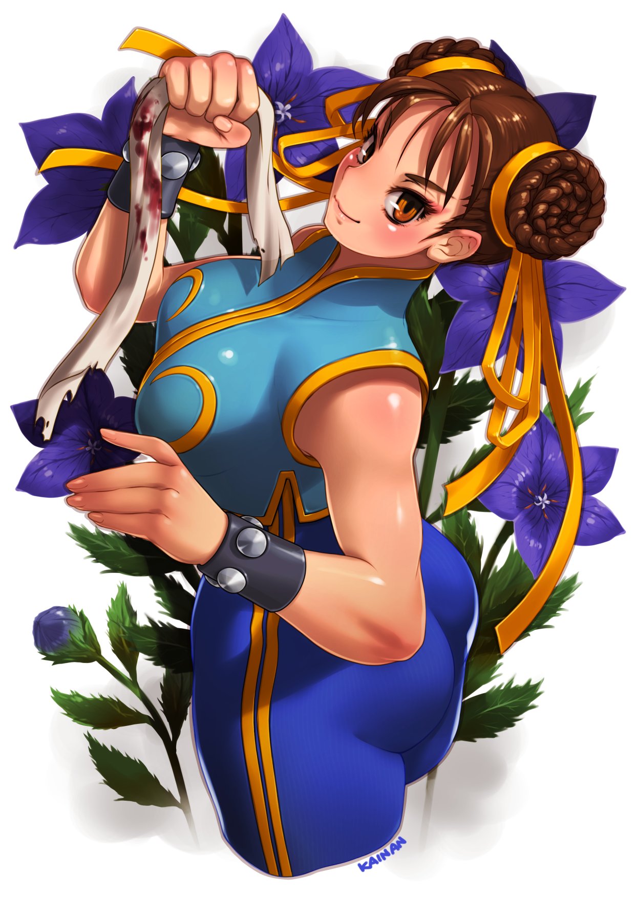 1girl, ass, bracelet, breasts, brown_hair, chun-li, cropped_legs, double_bun, hair_bun, hair_ribbon, highres, jewelry, kainan, large_breasts, looking_at_viewer, ribbon, solo, street_fighter, street_fighter_zero_(series), yellow_ribbon