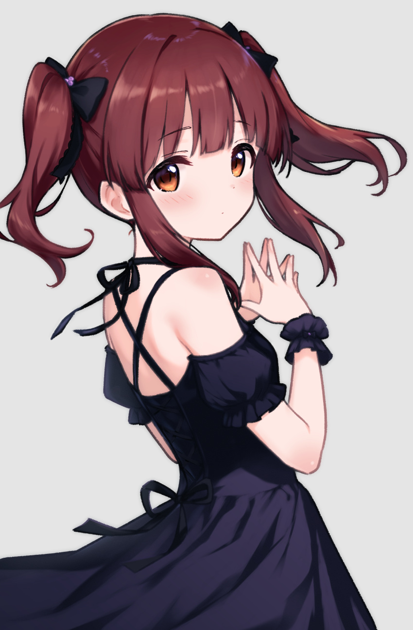 1girl, bare_shoulders, black_dress, blush, breasts, brown_eyes, brown_hair, dress