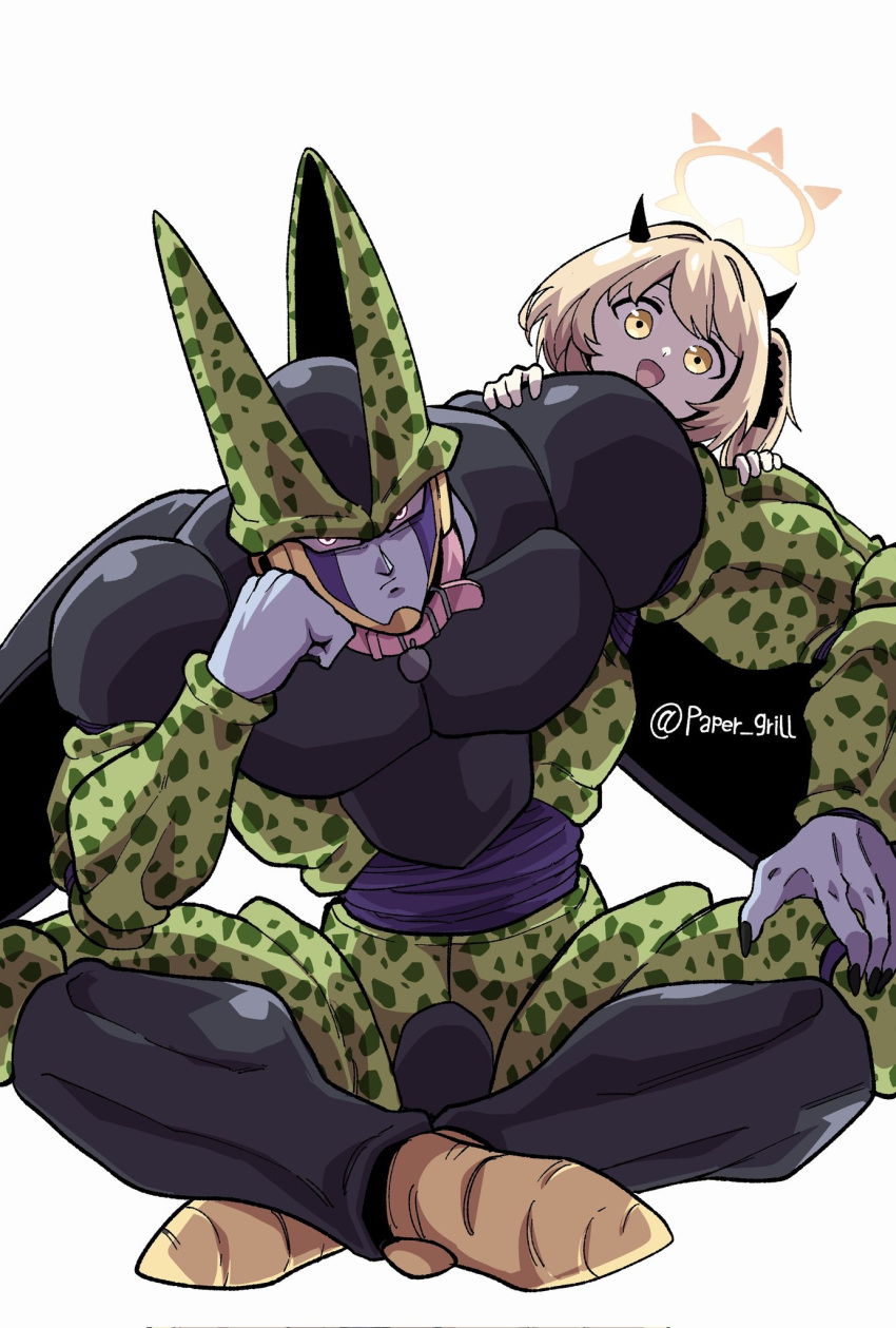 1boy, 1girl, bell, blonde_hair, blue_archive, cell_(dragon_ball), collar, colored_skin