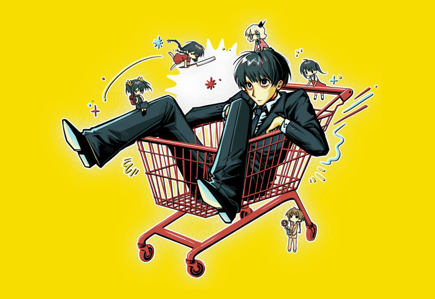 1boy, 5girls, bags_under_eyes, black_eyes, black_hair, black_necktie, black_pants, black_shoes