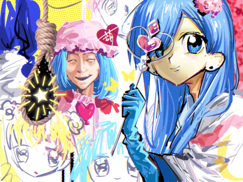 1boy, 1girl, animegao, blue_eyes, blue_gloves, blue_hair, bow, bug